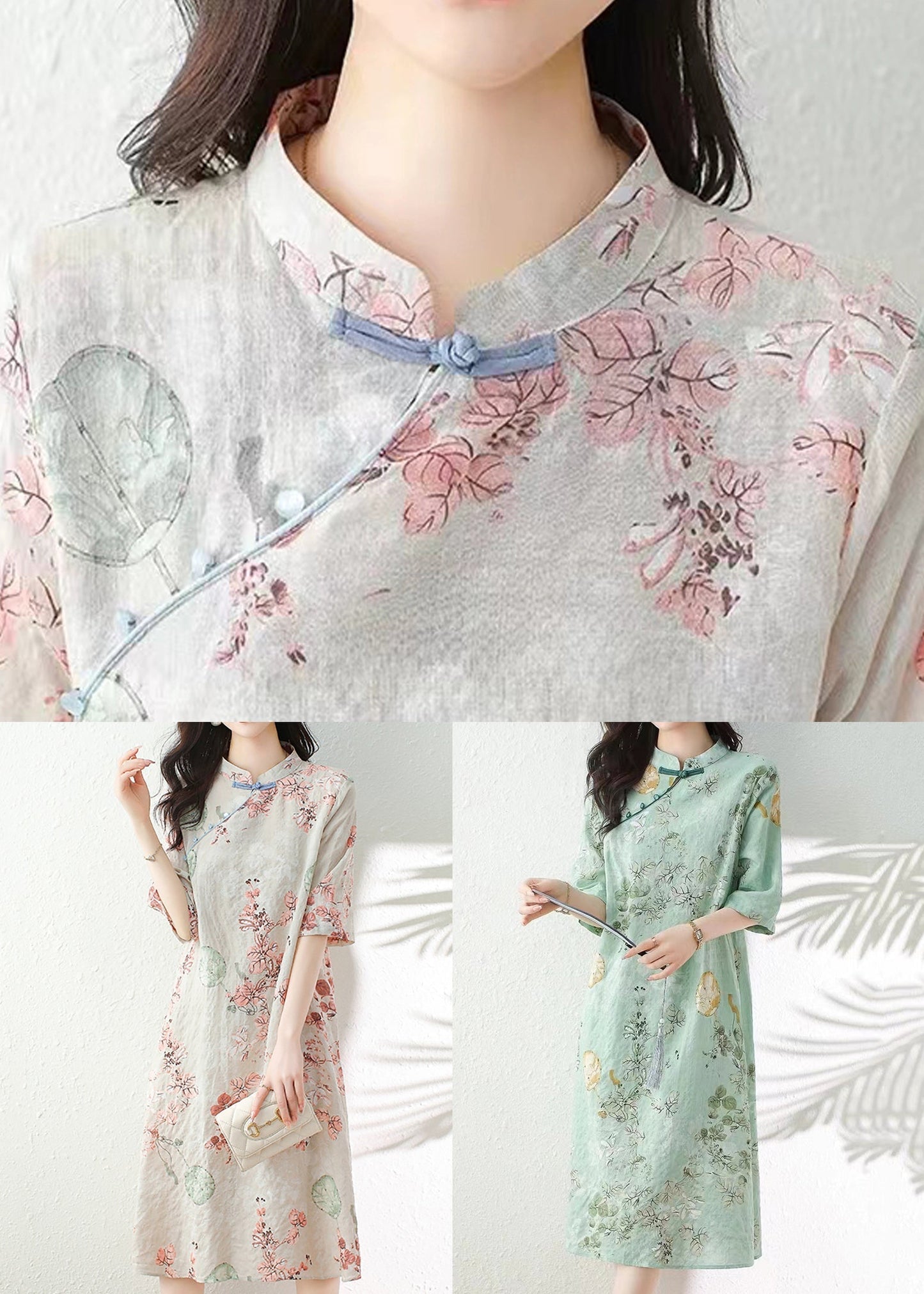 Apricot Button Print Linen Dress Half Sleeve