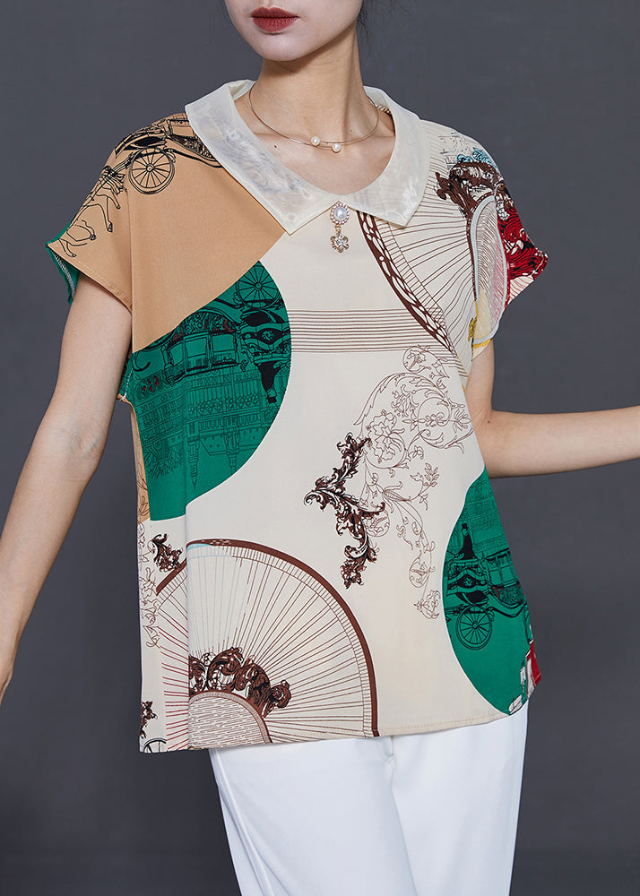 Apricot Peter Pan Collar Print Chiffon Blouse Top Summer