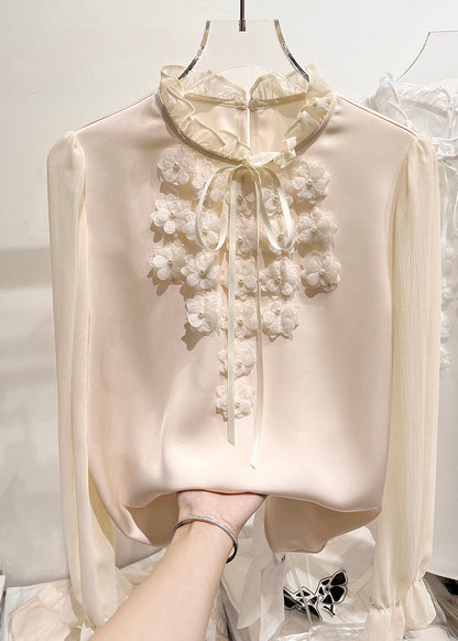 Apricot Ruffled Lace Up Chiffon Shirt Long Sleeve