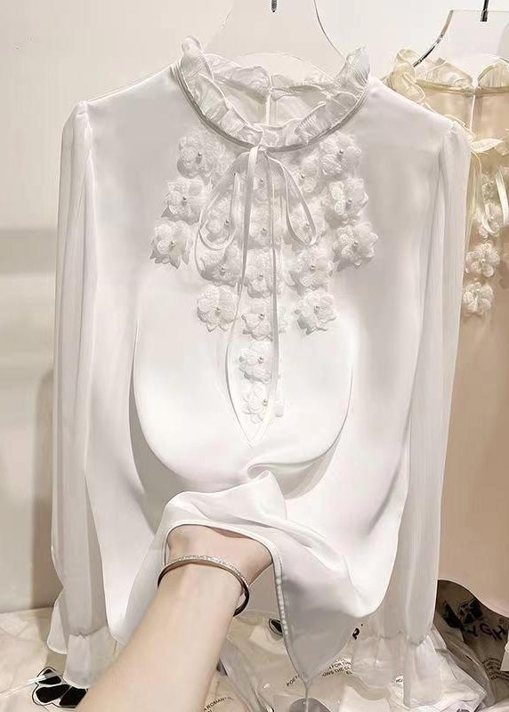 Apricot Ruffled Lace Up Chiffon Shirt Long Sleeve