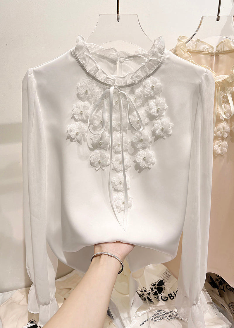 Apricot Ruffled Lace Up Chiffon Shirt Long Sleeve