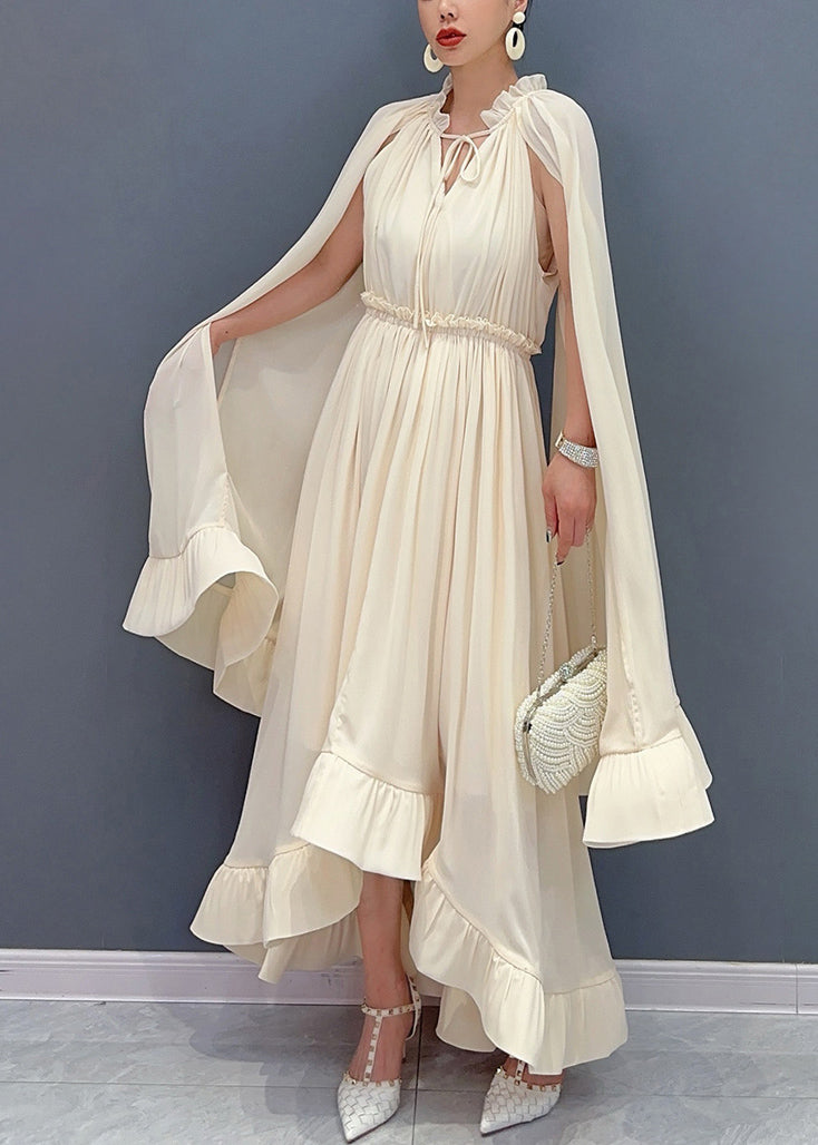 Apricot Ruffled Patchwork Elastic Waist Chiffon Maxi Dress Summer