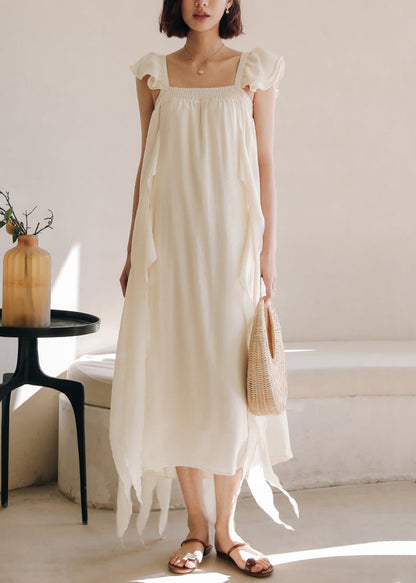 Apricot Square Collar Silk Dresses Summer