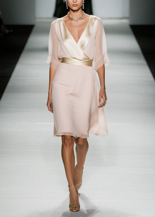 Apricot V Neck Patchwork Chiffon Work Dress Summer