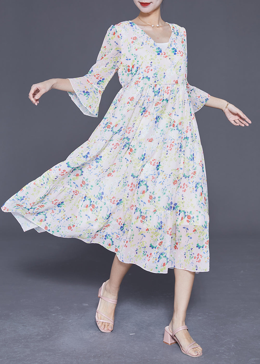 Apricot V Neck Print Exra Large Hem Chiffon Dress Flare Sleeve