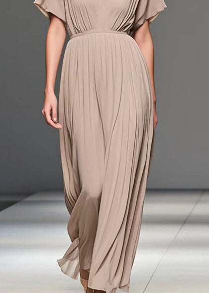 Apricot V Neck Wrinkled Chiffon Long Dress Summer