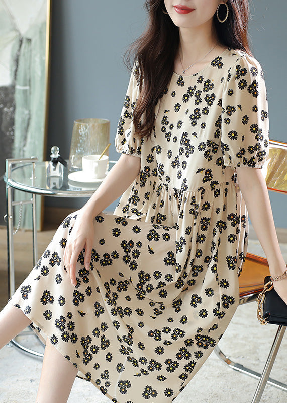 Beige Patchwork Wrinkled Silk Long Dress Short Sleeve
