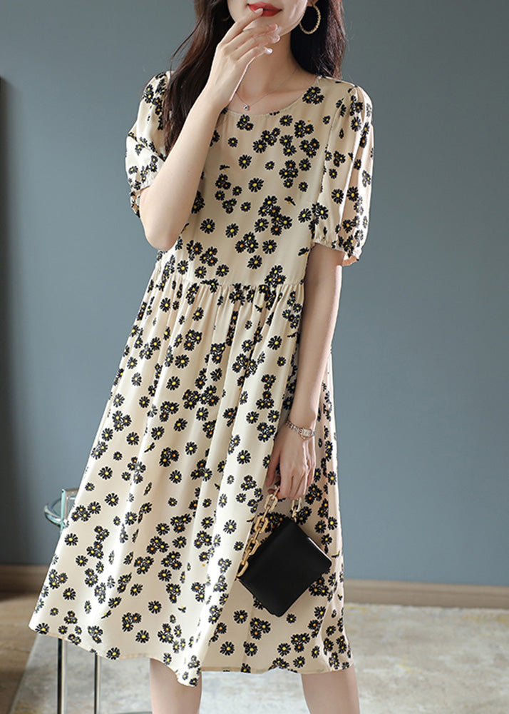 Beige Patchwork Wrinkled Silk Long Dress Short Sleeve