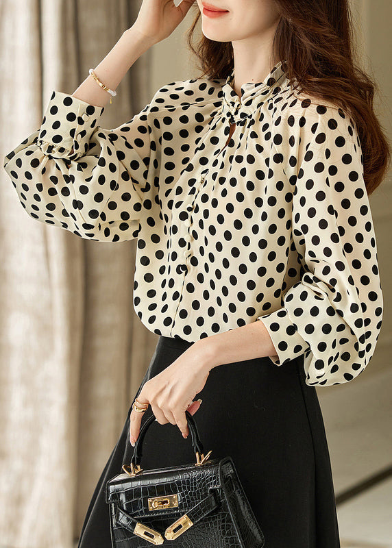 Beige Stand Collar Dot Print Chiffon Shirts Long Sleeve
