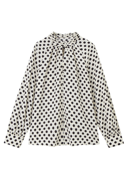 Beige Stand Collar Dot Print Chiffon Shirts Long Sleeve