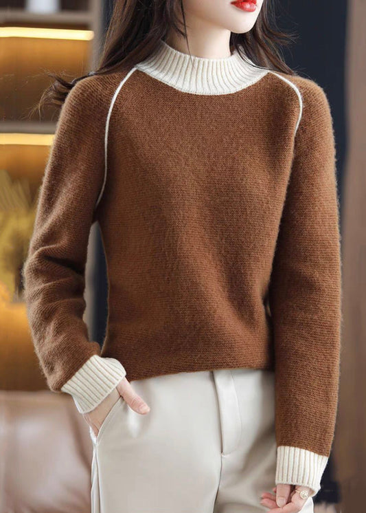 Brown Turtleneck Cozy Patchwork Wool Knit Sweaters
