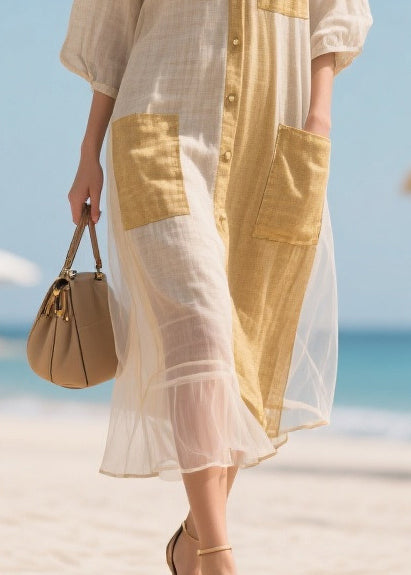 Beige V Neck Patchwork Tulle Maxi Dresses Bracelet Sleeve