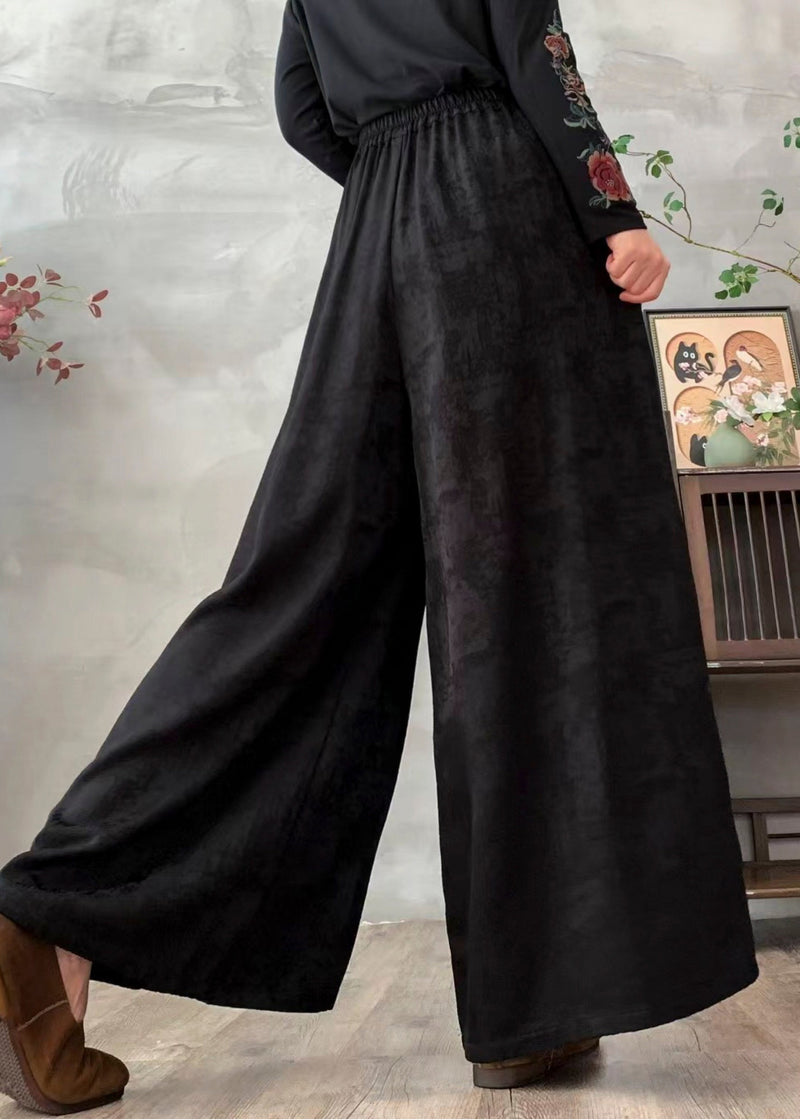 Black Embroidered Jacquard Silk Wide Leg Pants Spring