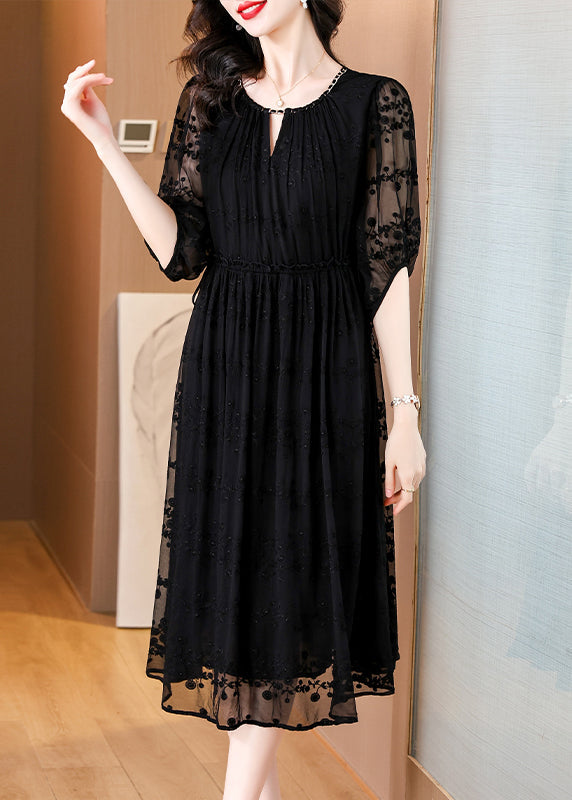 Black Embroidered Silk Long Dresses Bracelet Sleeve