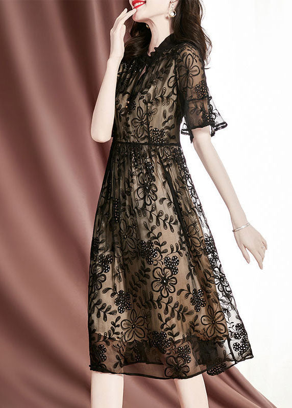 Black Embroideried Hollow Out Silk Long Dresses Summer