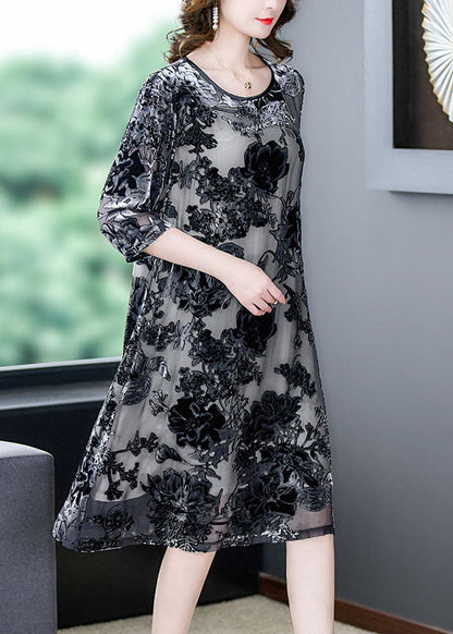 Black Grey Embroideried Patchwork Silk Dresses Summer