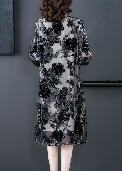 Black Grey Embroideried Patchwork Silk Dresses Summer