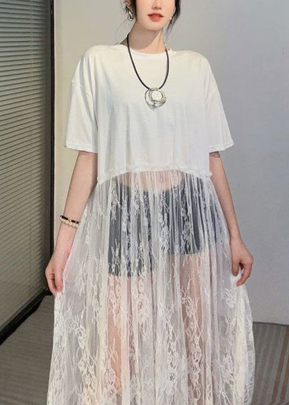 Black Hollow Out Lace Patchwork T Shirt Dress Summer
