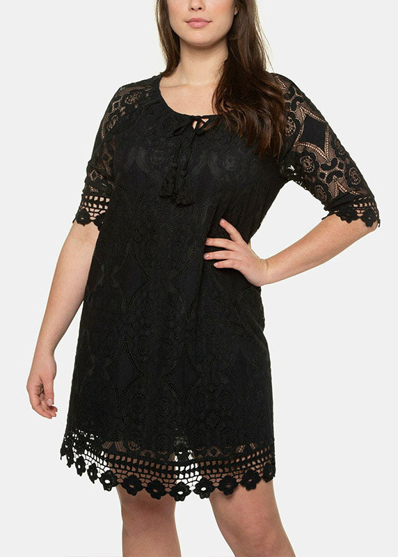 Black Hollow Out Party Lace Mid Dress Half Sleeve