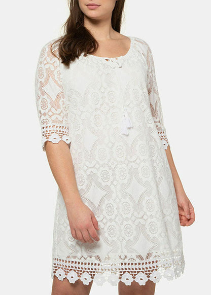 Black Hollow Out Party Lace Mid Dress Half Sleeve