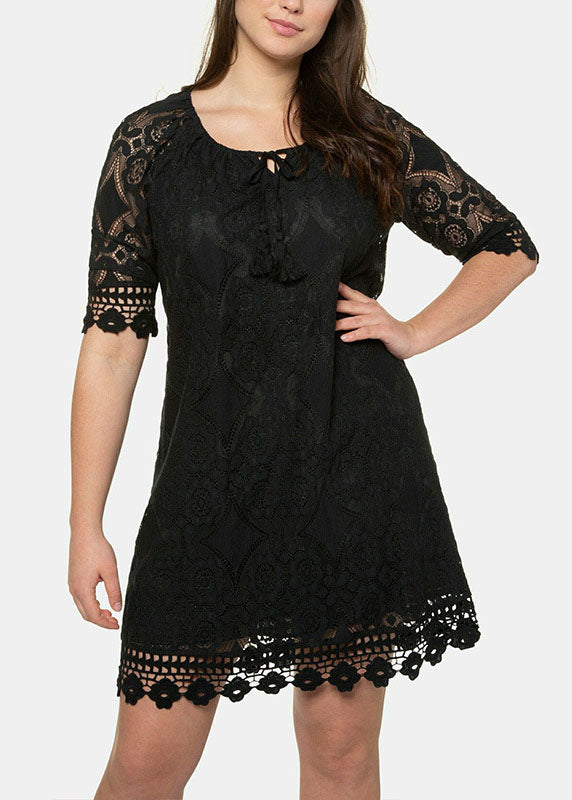 Black Hollow Out Party Lace Mid Dress Half Sleeve