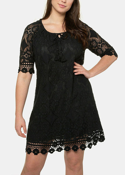 Black Hollow Out Party Lace Mid Dress Half Sleeve
