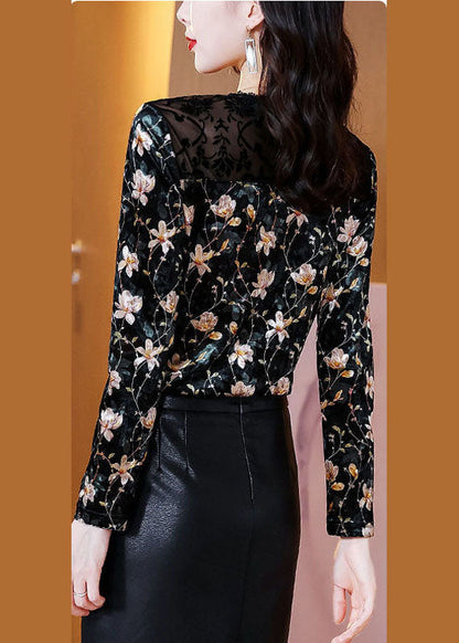 Black Hollow Out Patchwork Lace Print Silk Velour Shirt Tops Spring