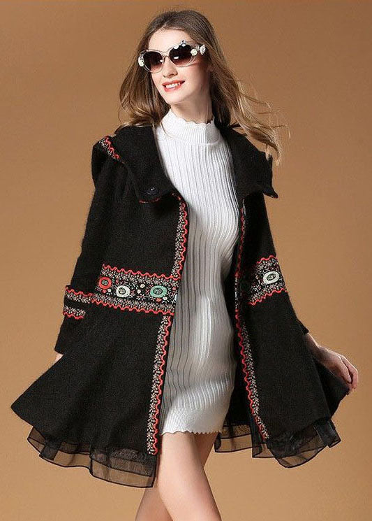 Black Hooded Embroideried Woolen Coat Winter