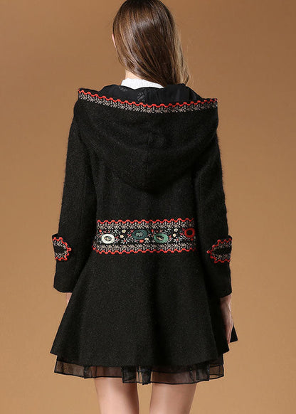 Black Hooded Embroideried Woolen Coat Winter