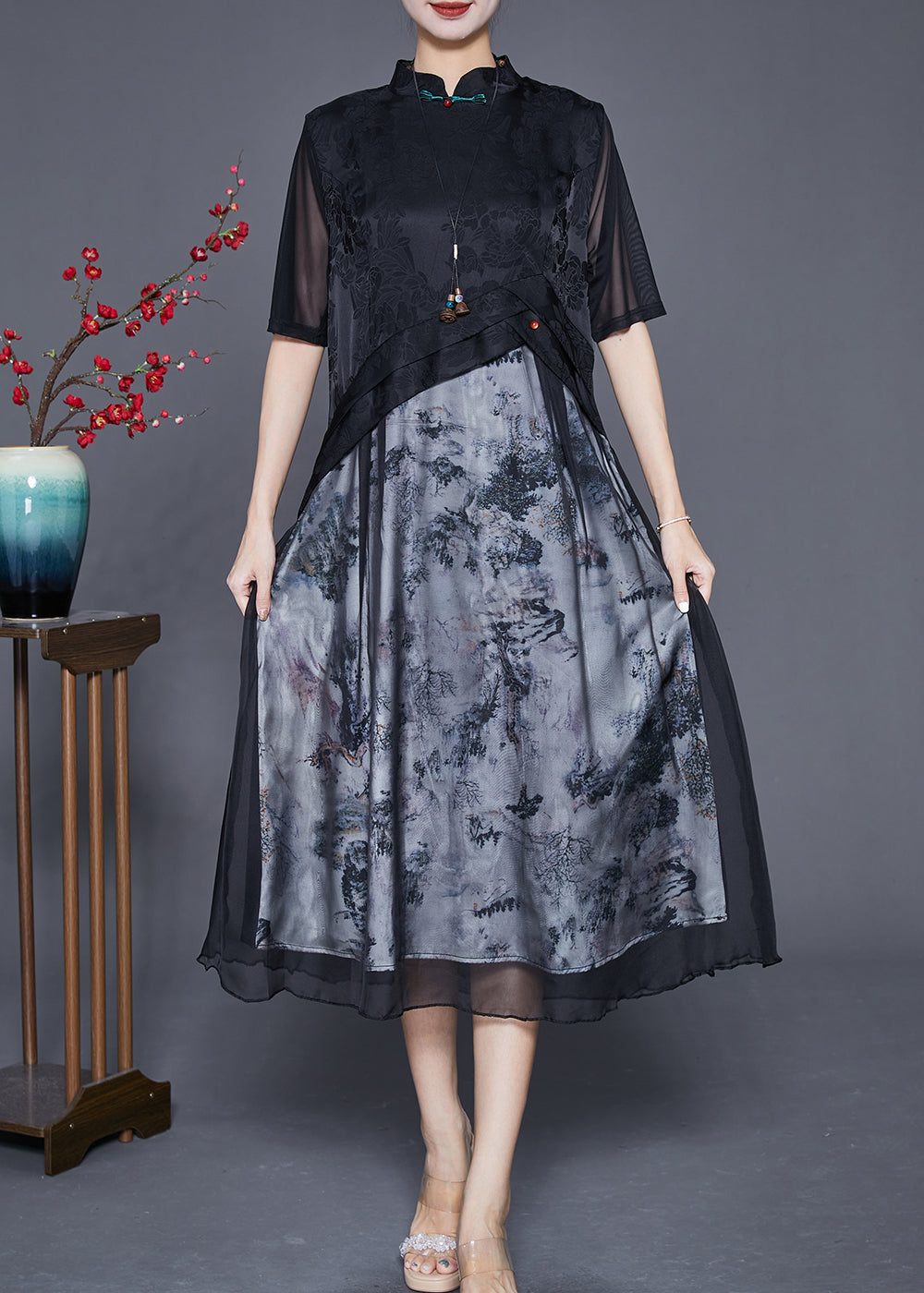 Black Mandarin Collar Patchwork Print Chiffon Dresses Summer