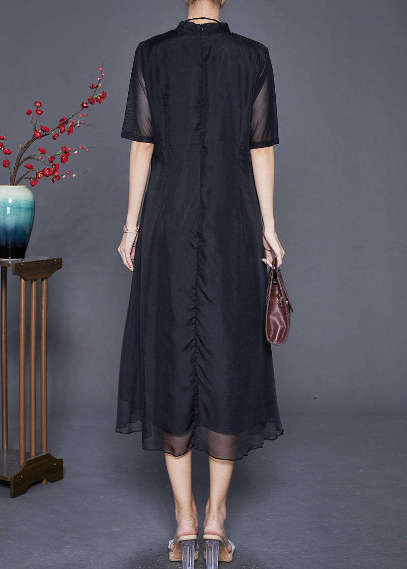 Black Mandarin Collar Patchwork Print Chiffon Dresses Summer