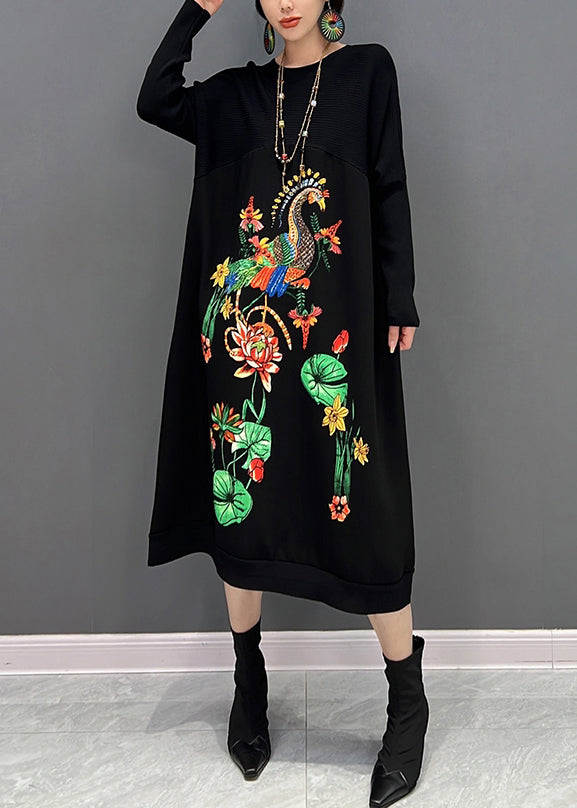 Black O-neck Embroideried Knit Maxi Dress Fall