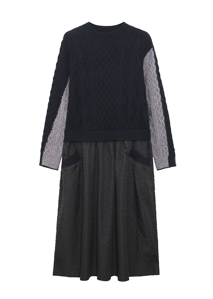 Black O-neck Patchwork Knit Maxi Dresses Winter