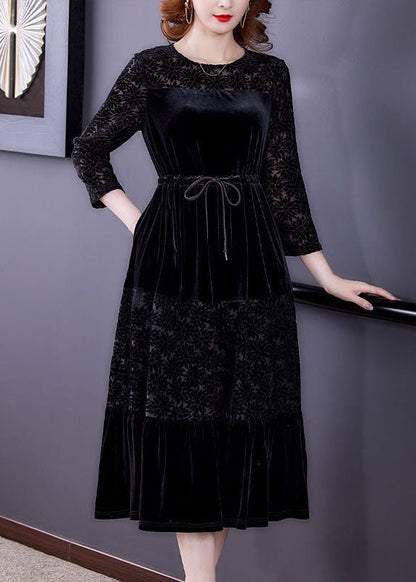 Black O-neck Patchwork Tie Waist Silk Velour Dress Bracelet Sleeve