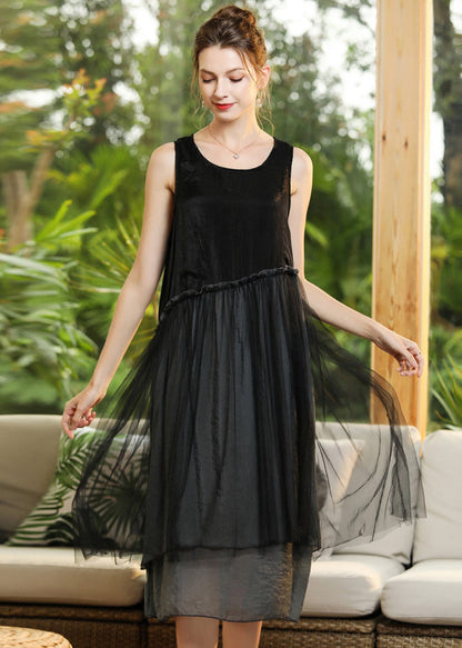 Black O-neck Patchwork Tulle Long Dresses Sleeveless