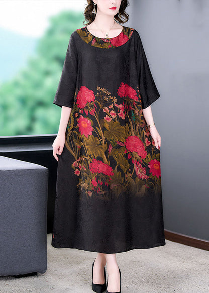 Black O Neck Print Patchwork Silk Long Dress Summer