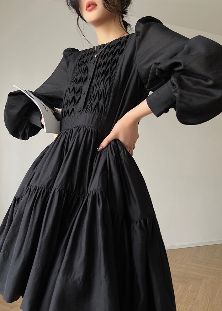 Black O-neck Print Silk Mid Dress Long Sleeve