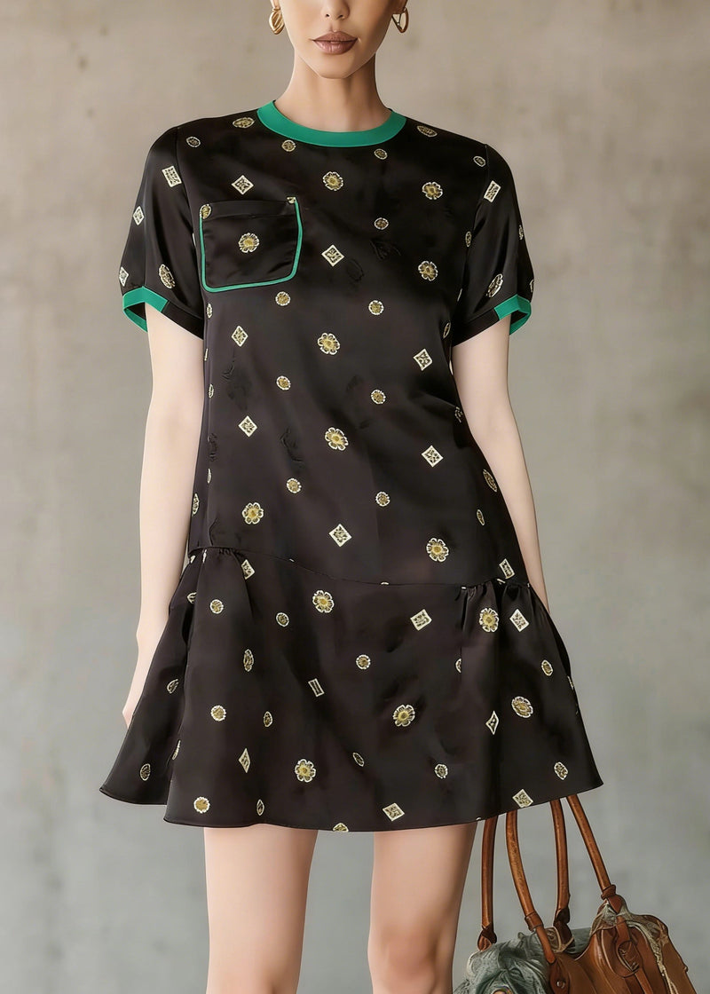 Black O Neck Print Wrinkled Silk Mid Dress Summer