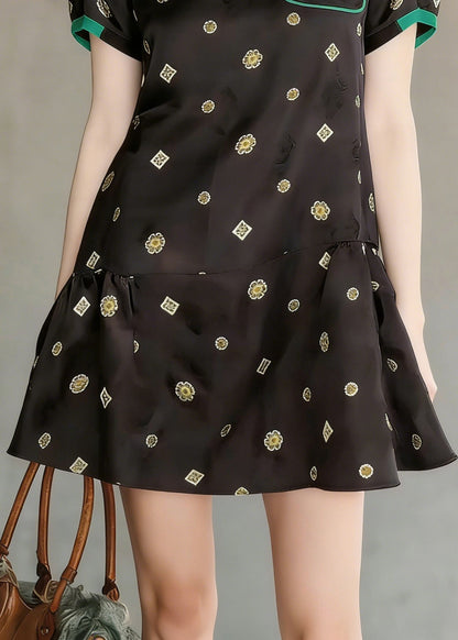 Black O Neck Print Wrinkled Silk Mid Dress Summer