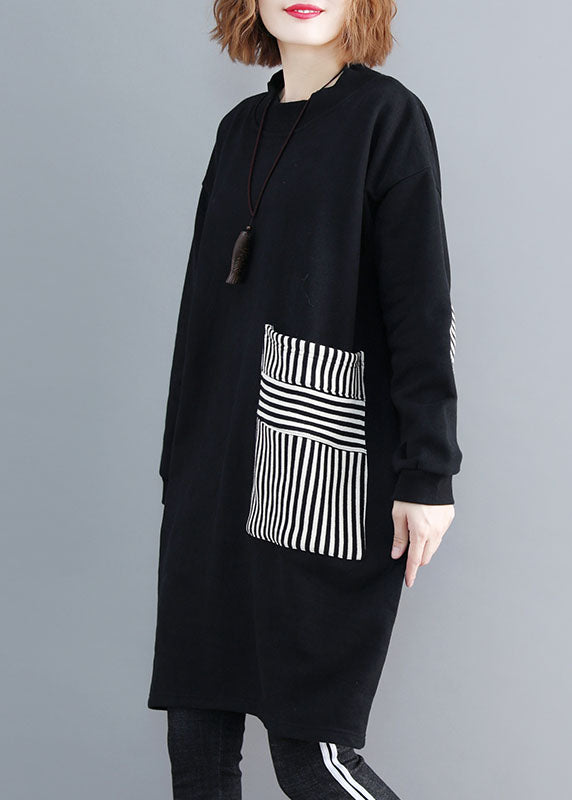 Black O-neck Striped Patchwork Mid Dress Long Sleeve