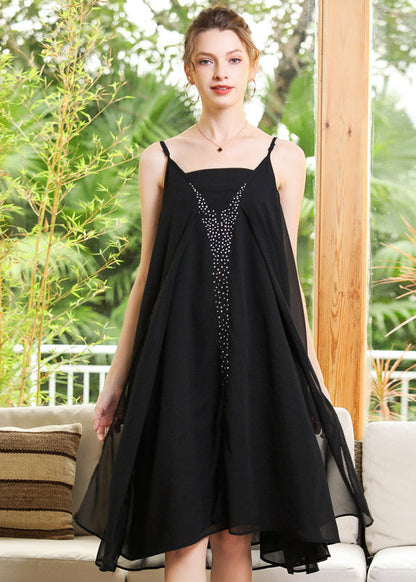 Black Oversized Diamond Chiffon Spaghetti Strap Dress Summer