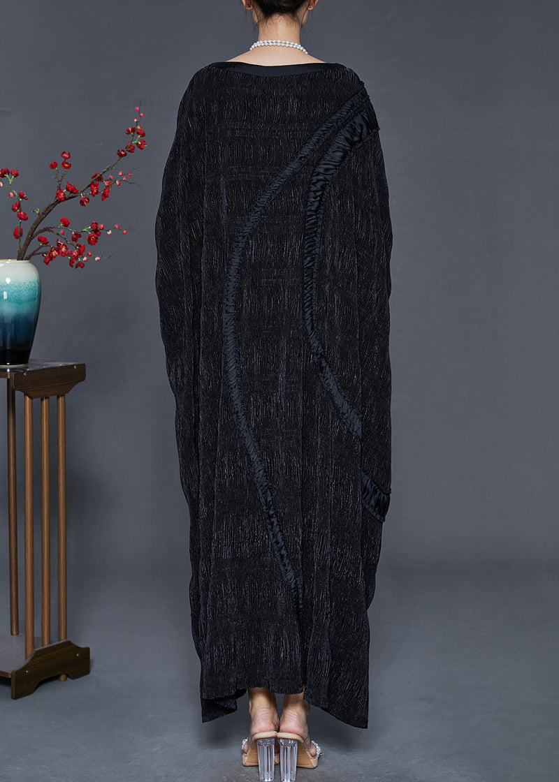 Black Oversized Patchwork Cotton Long Dress Batwing Sleeve