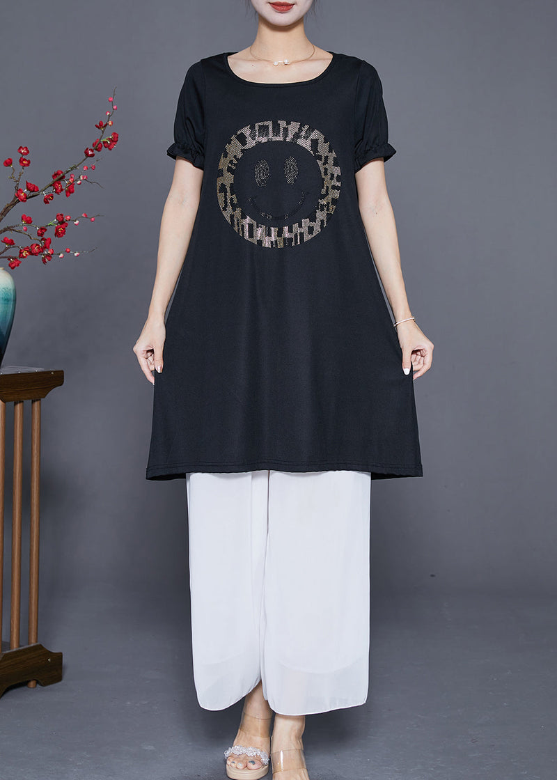 Black Oversized Smiling Face Zircon Chiffon Dresses Summer