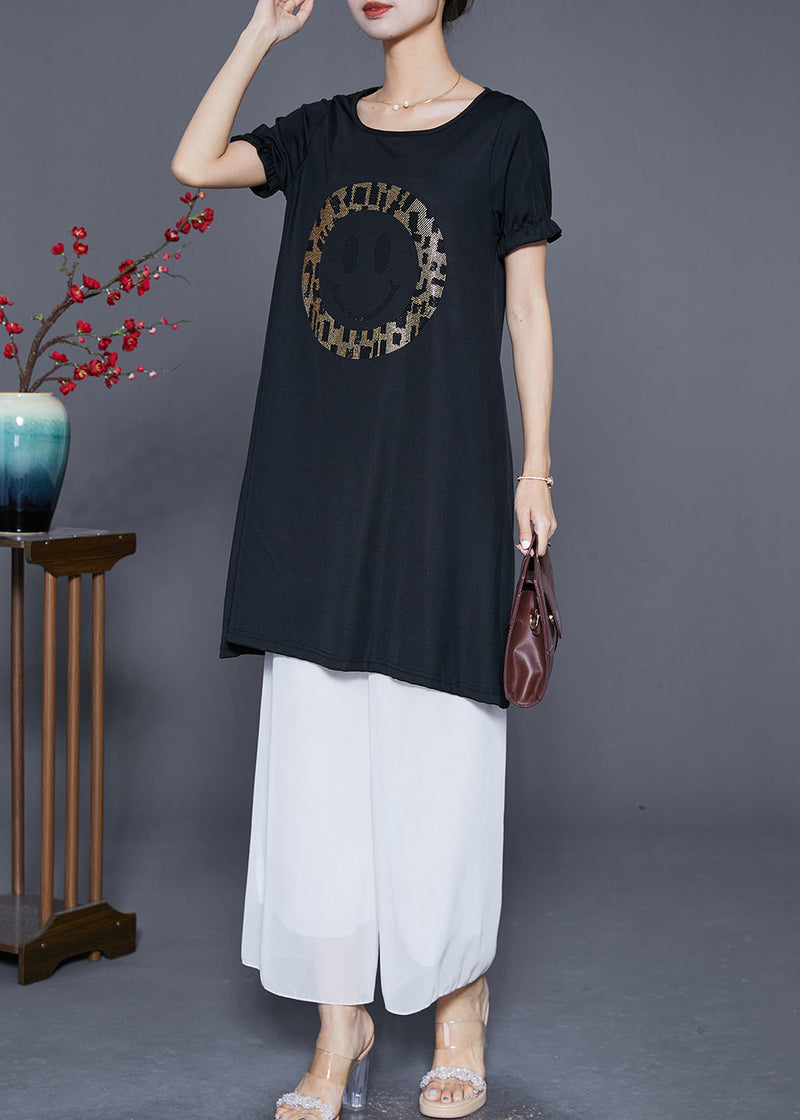 Black Oversized Smiling Face Zircon Chiffon Dresses Summer