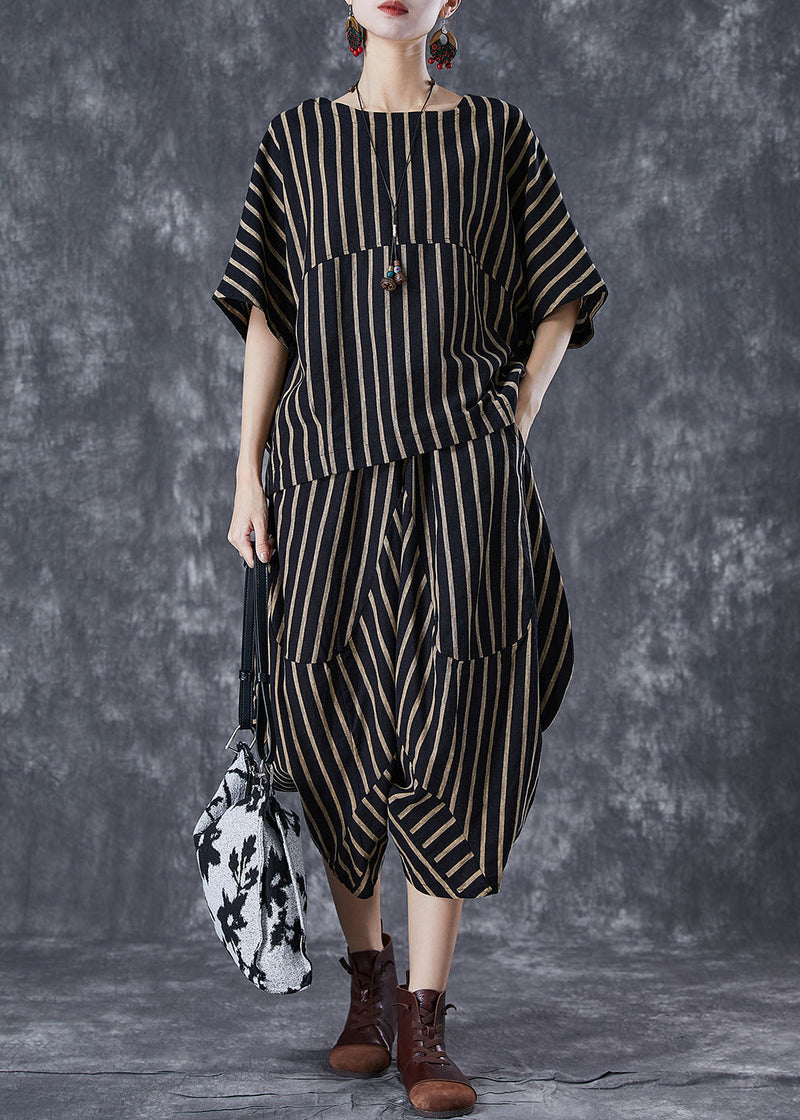Black Oversized Striped Linen Sets 2 Pieces Summer