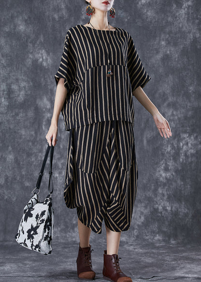Black Oversized Striped Linen Sets 2 Pieces Summer