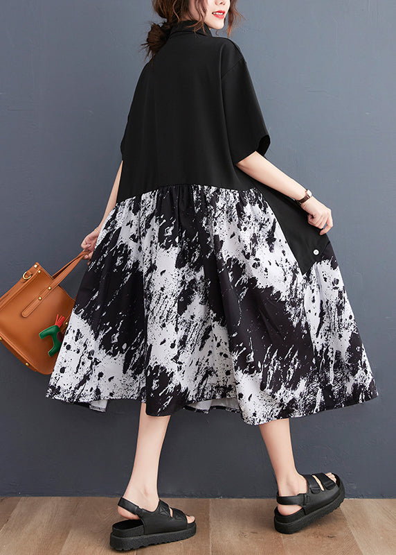 Black Peter Pan Collar Button Asymmetrical Print Shirt Dress Short Sleeve