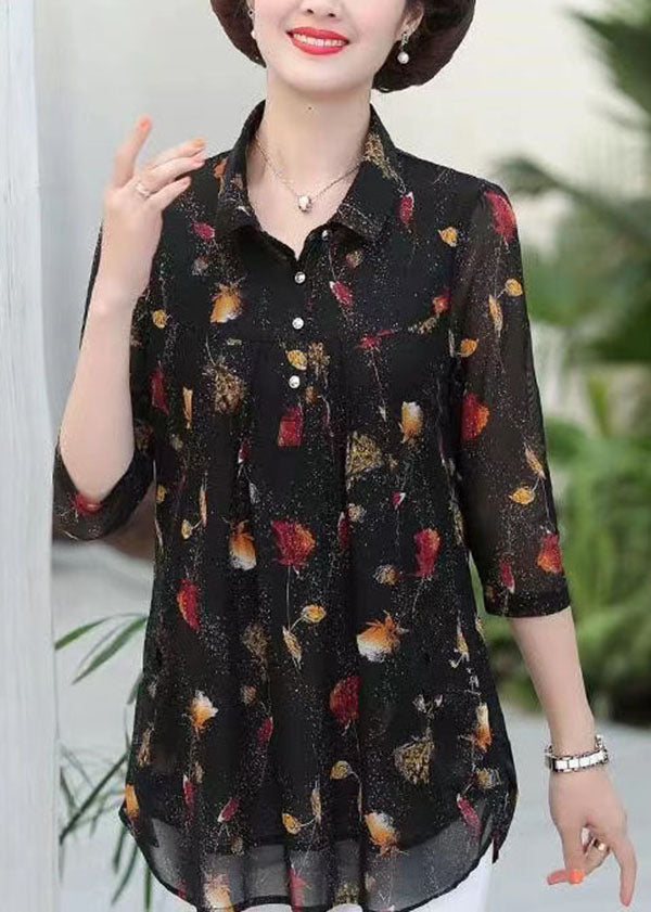 Black Peter Pan Collar Print Patchwork Silk Shirts Top Summer