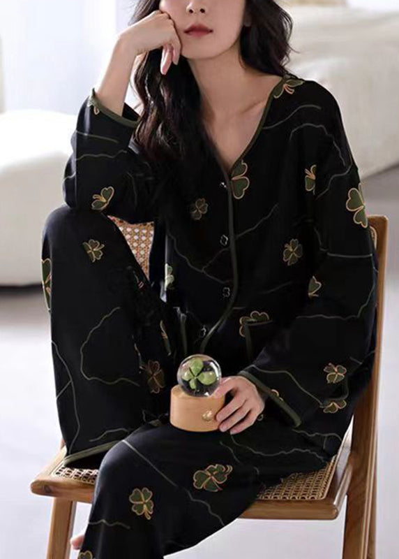 Black Print Button Cotton Two Pieces Set Long Sleeve