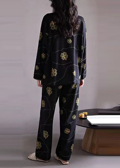 Black Print Button Cotton Two Pieces Set Long Sleeve